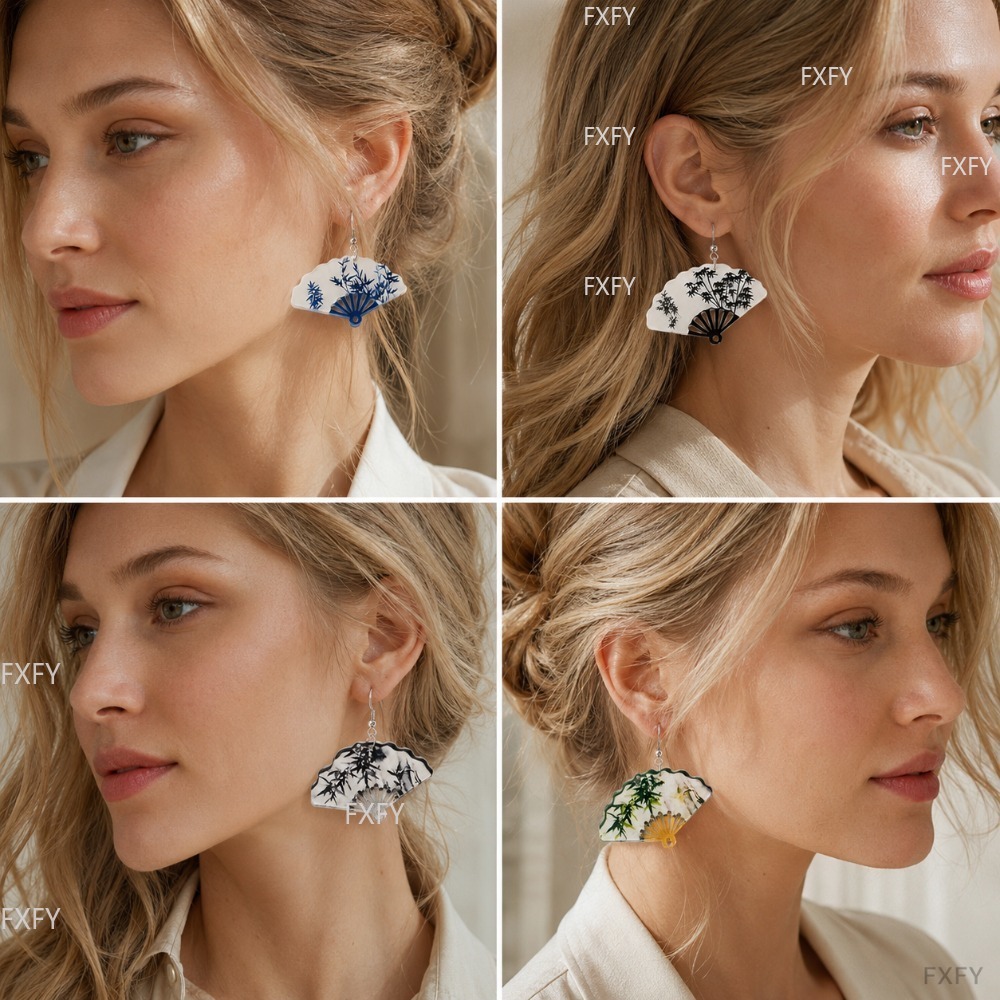 8pcs Chinese Fan-shaped Ink Painting Earring Set